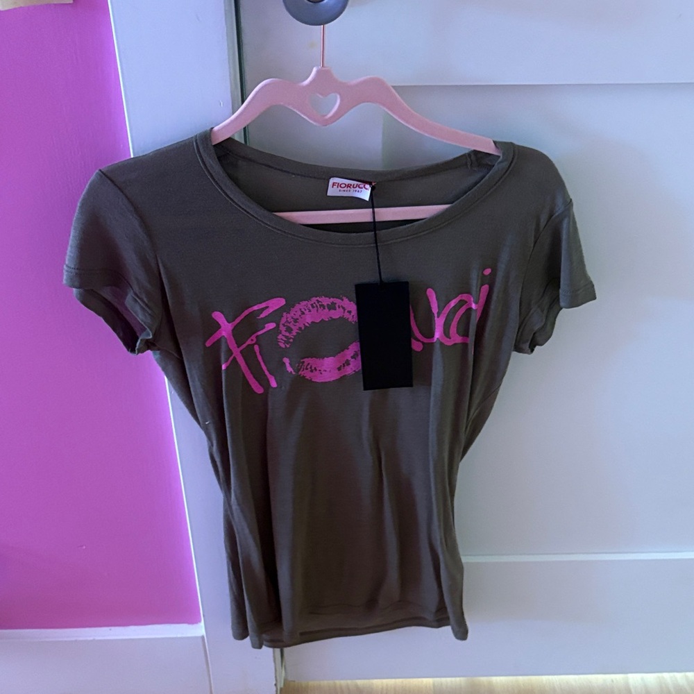 Fiorucci Olive Green T-Shirt with Pink Logo size xs
